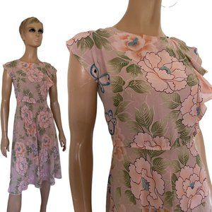 1970's Jasmine of San Marino Pink Floral Butterfly Chiffon Dress  - Sz 10
